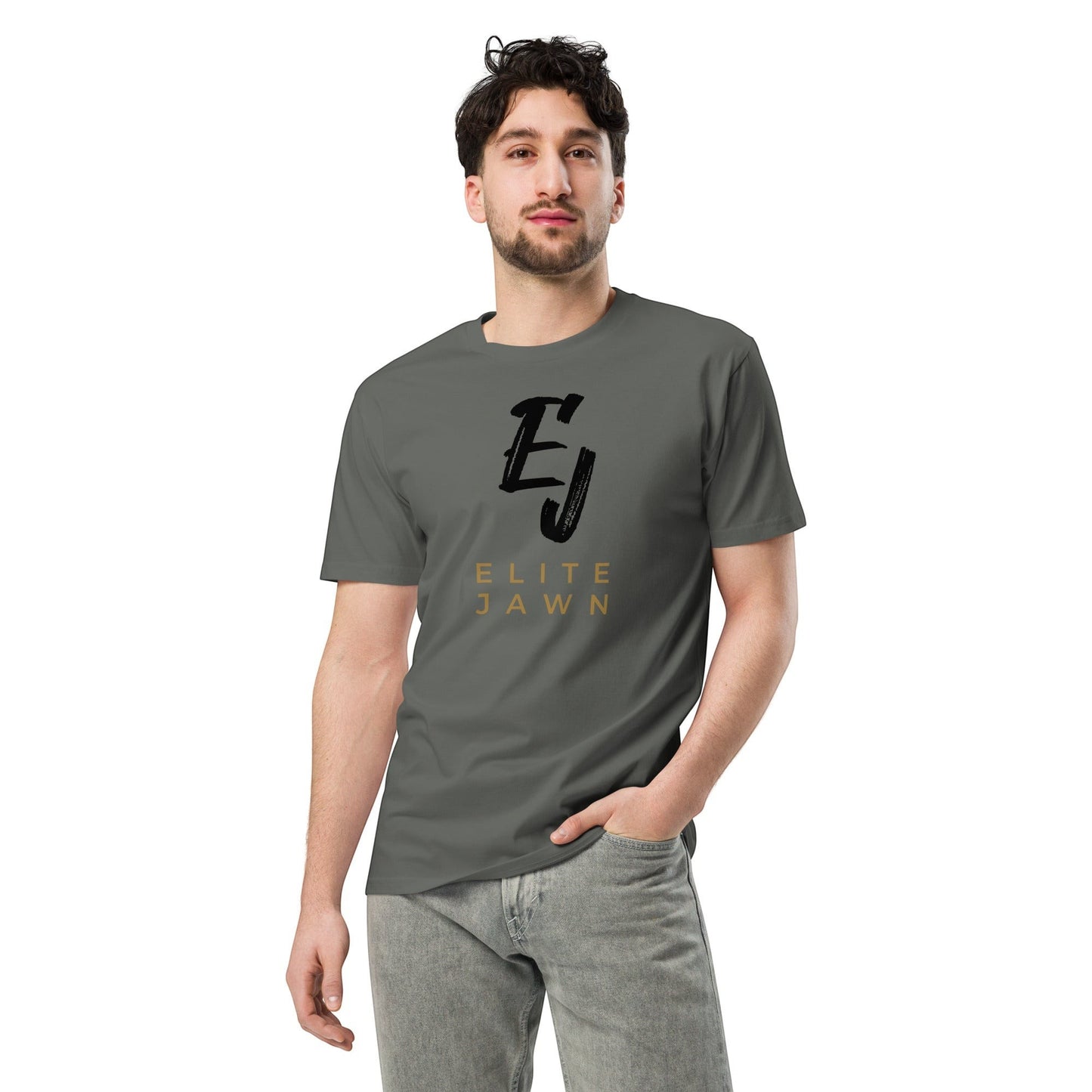 Elite Jawn grey 100% combed cotton crewneck t-shirt with black and gold logo on chest.