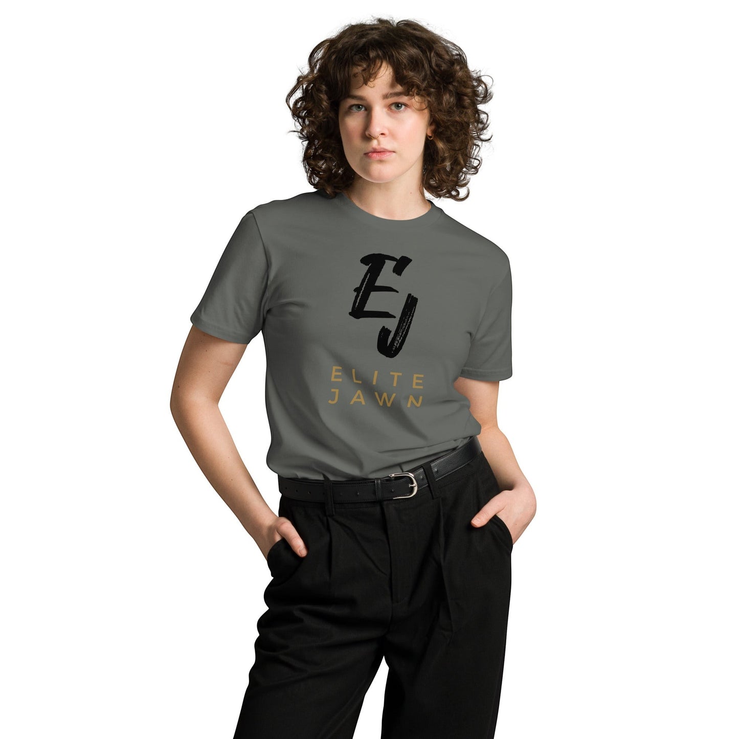 Elite Jawn grey 100% combed cotton crewneck t-shirt with black and gold logo on chest.