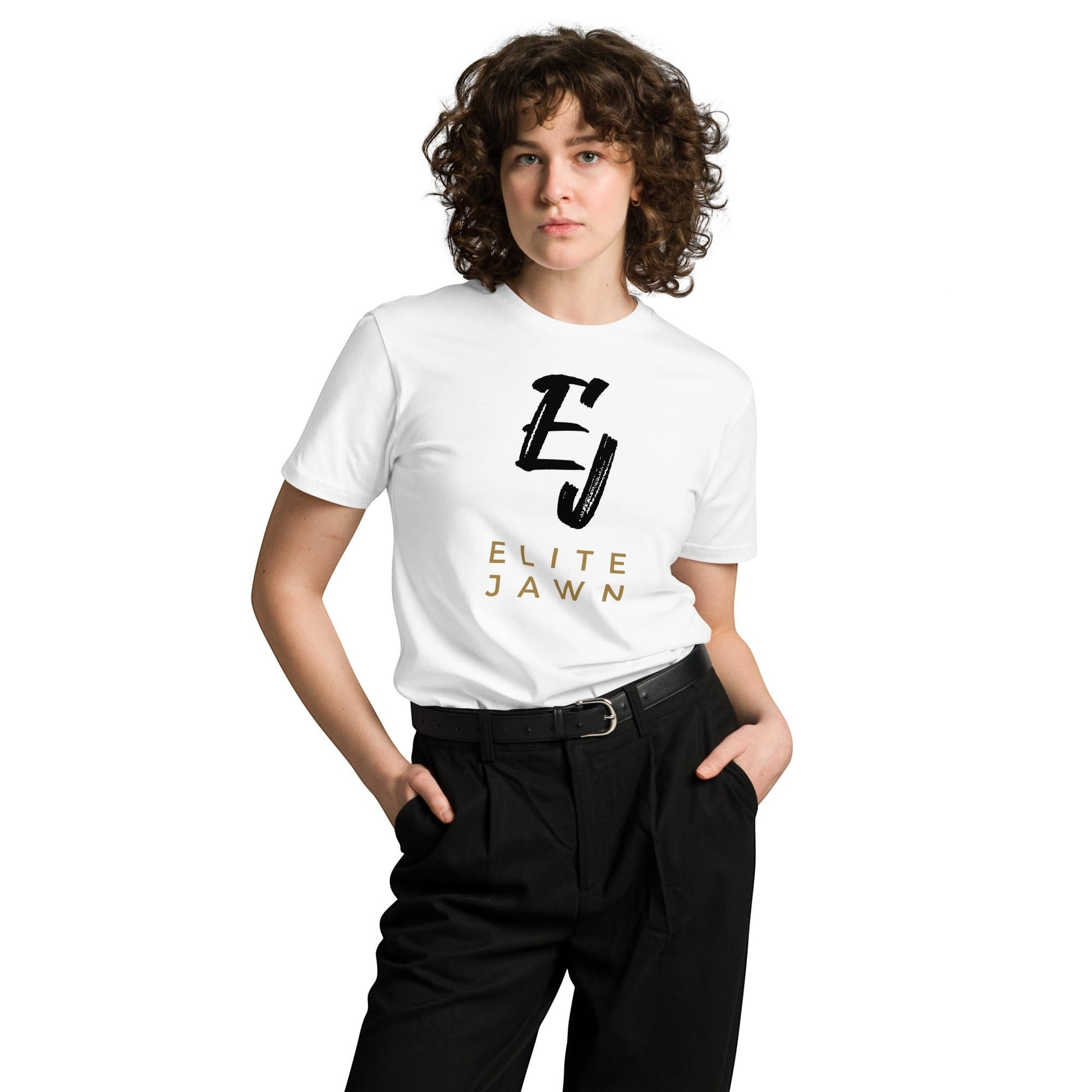 Elite Jawn white 100% combed cotton crewneck t-shirt with black and gold logo on chest.
